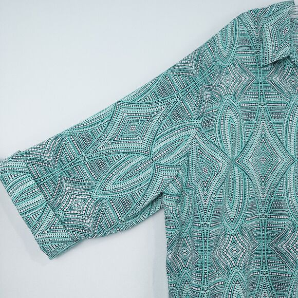 Catherines Button Front Top 3/4 Roll Tab Sleeve Womens 3X Aqua Green Geo Print - Picture 12 of 16